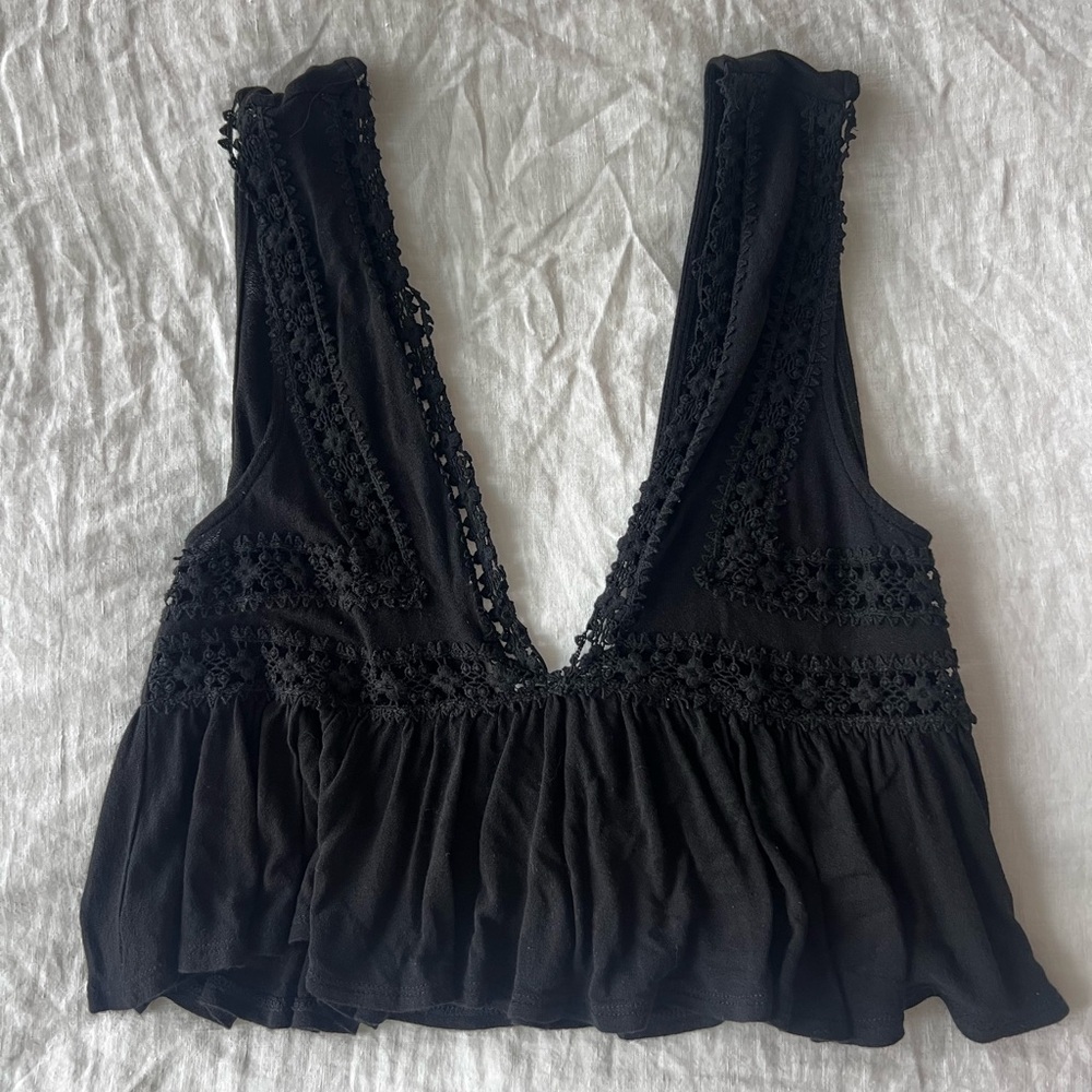 Black deep V neck crochet tank